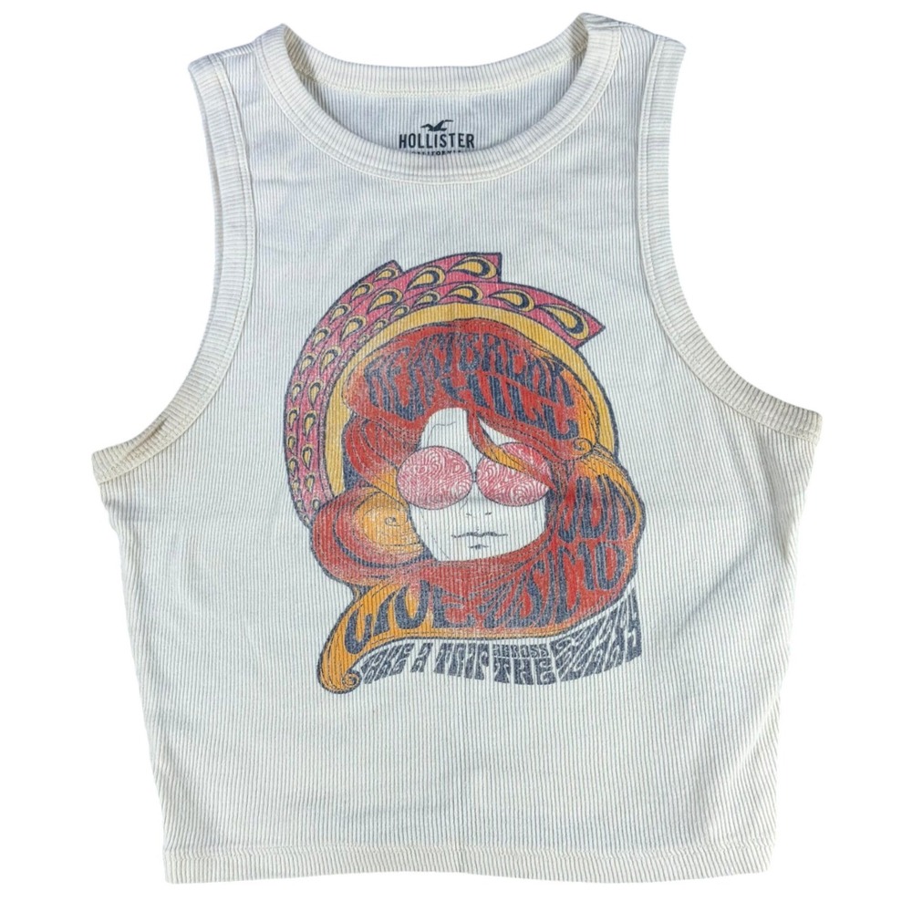 Hollister Graphic Tank Top Psychedelic Retro Ivory Small Cotton‎ Blend Womens